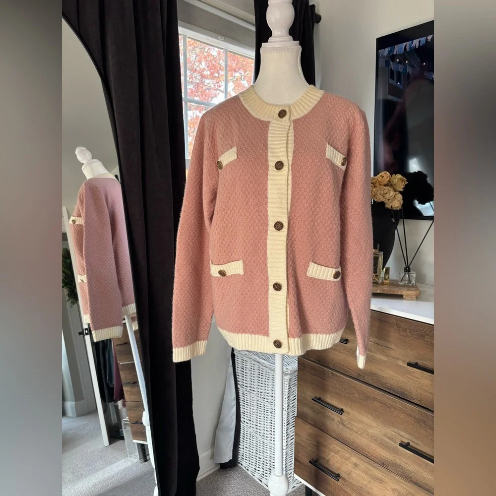 Pink and Cream Cardigan with Button Details - Picture 1 of 4